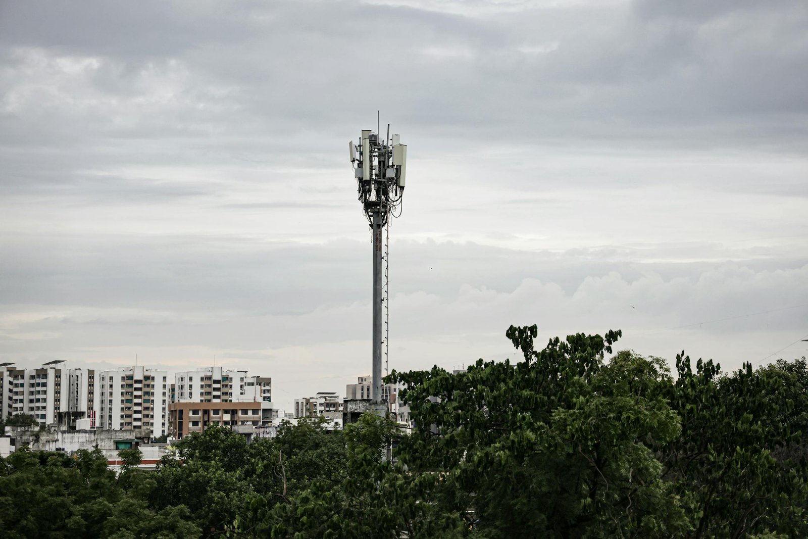 Cell tower rising above trees with urban high-rise buildings under a cloudy sky.