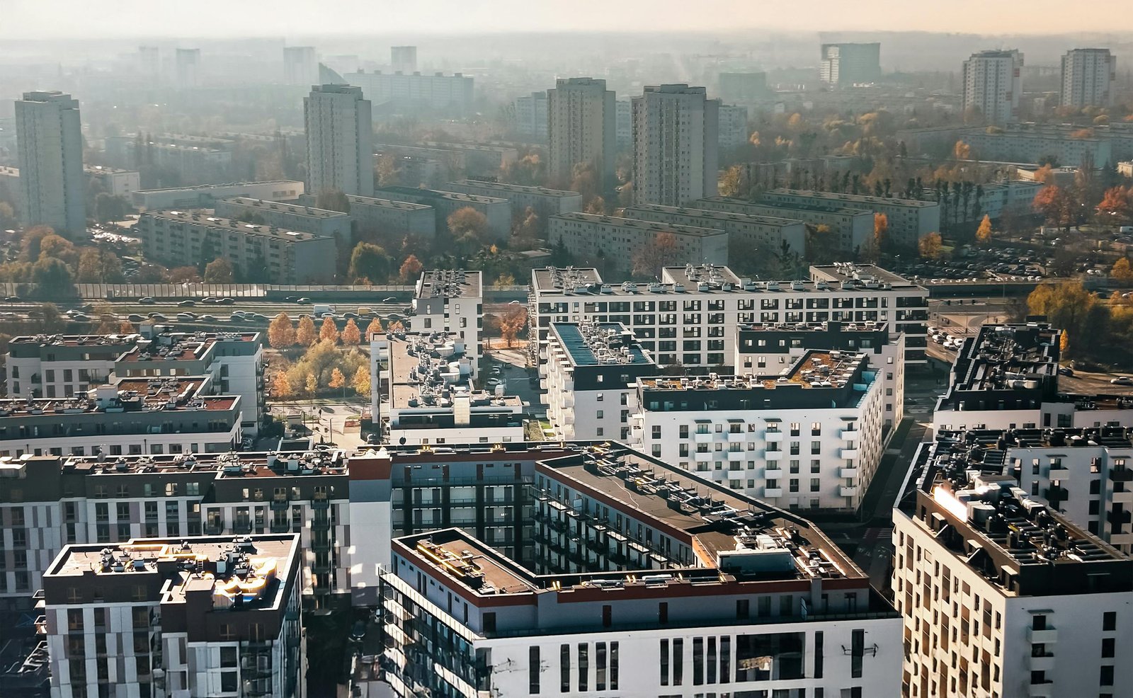 Aerial view of modern apartments in Poznań, showcasing urban living and architecture.